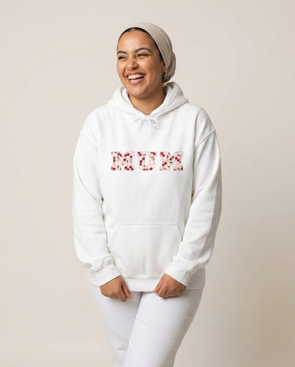 Floral Varsity Mum Hoodie — White Front, worn