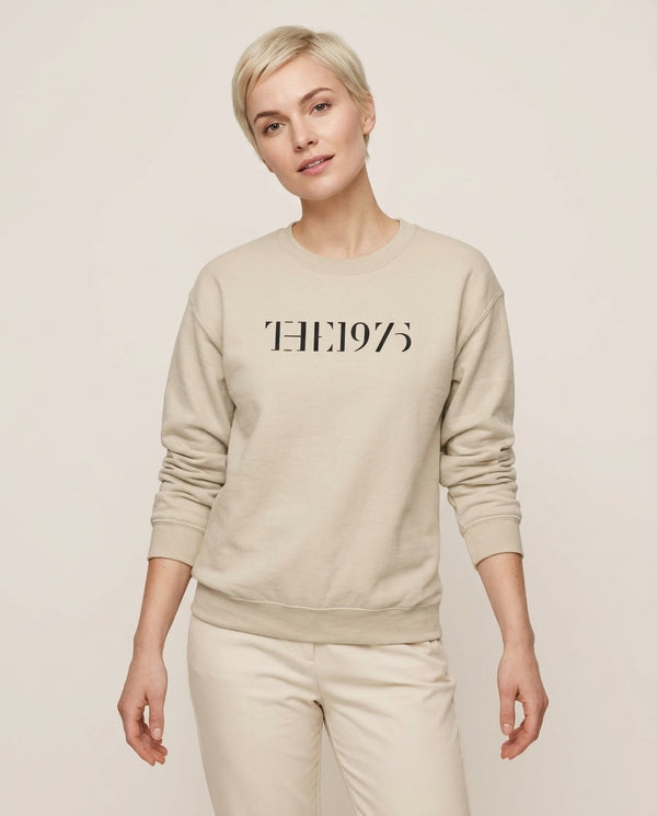 1975 Text Sweatshirt — Sand Front, worn