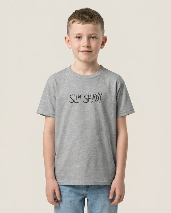 Slim Shady Kids T-Shirt — Grey Front, worn