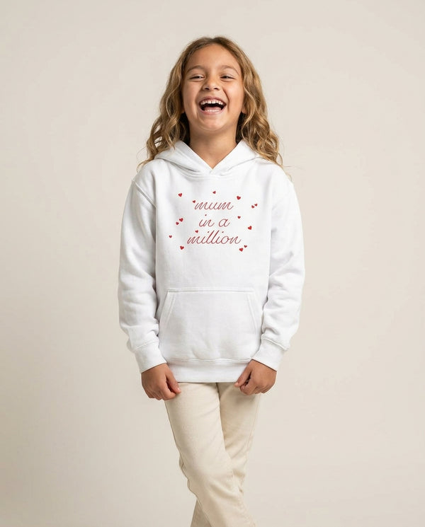 Mum In A Million Kids Hoodie — White Front, worn