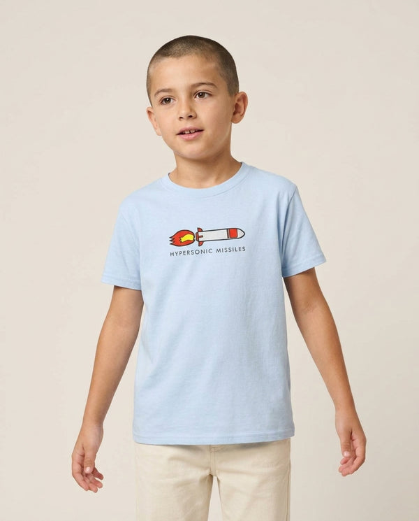 Hypersonic Missiles - Fender Kids T-Shirt — Blue Front, worn