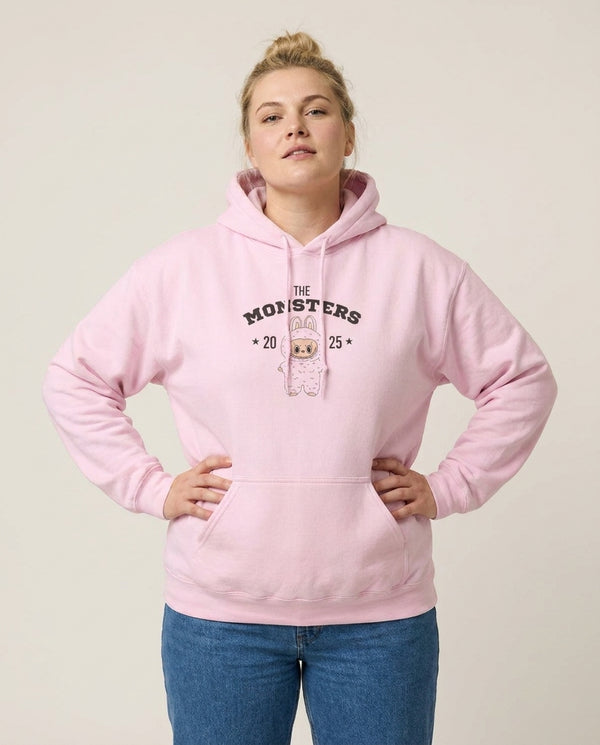 Cute Monster 2025 Pink Hoodie — Pink Front, worn