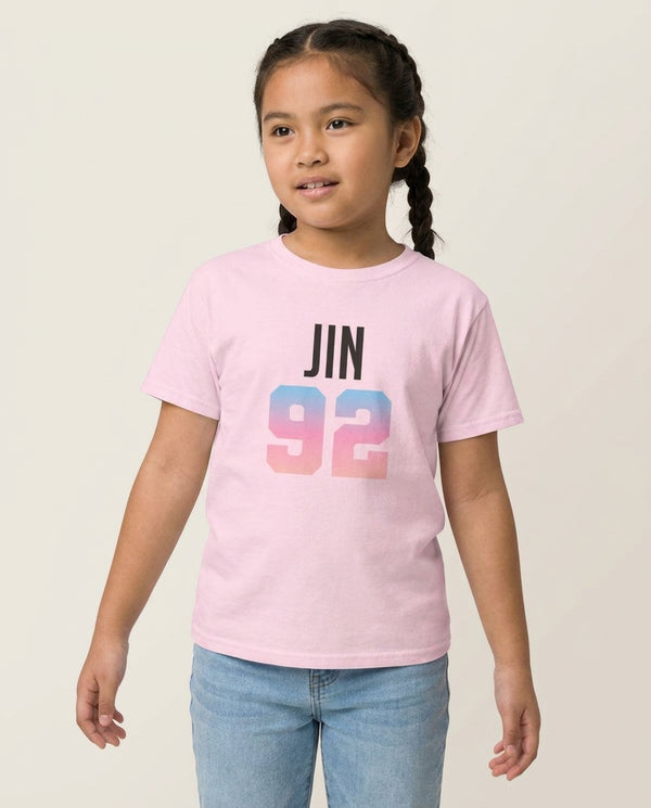 Jin 92 Kids T-Shirt — Pink Front, worn