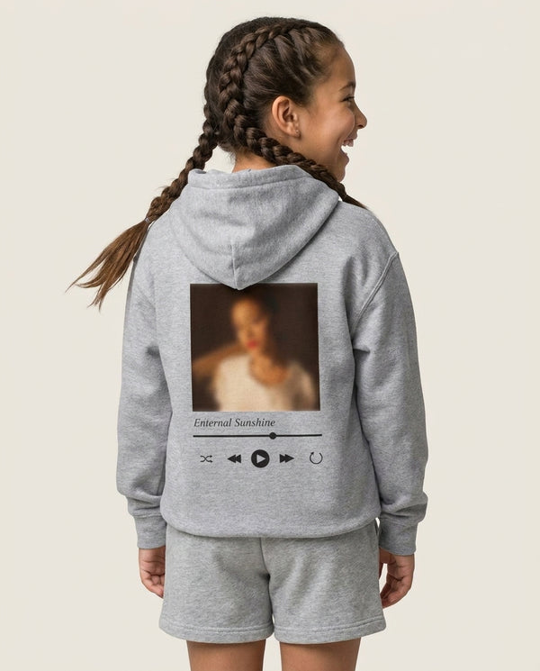 Sunshine Music Player Kids Hoodie — Grey Back, worn