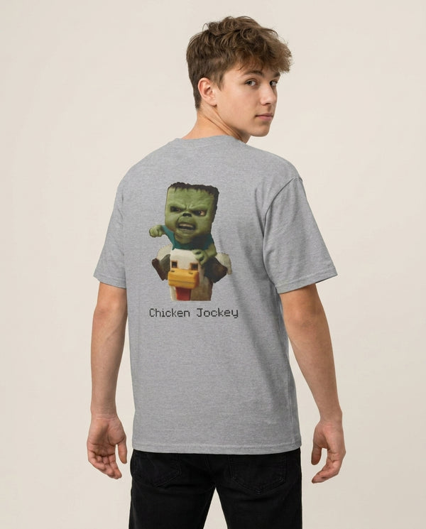 Chicken Jockey  T-Shirt — Grey Back, worn
