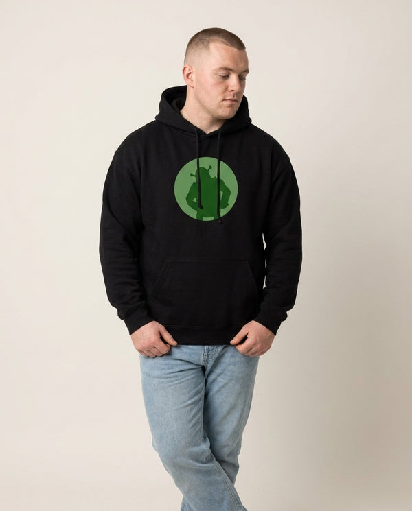 Green Ogre Outline Hoodie — Black Front, worn