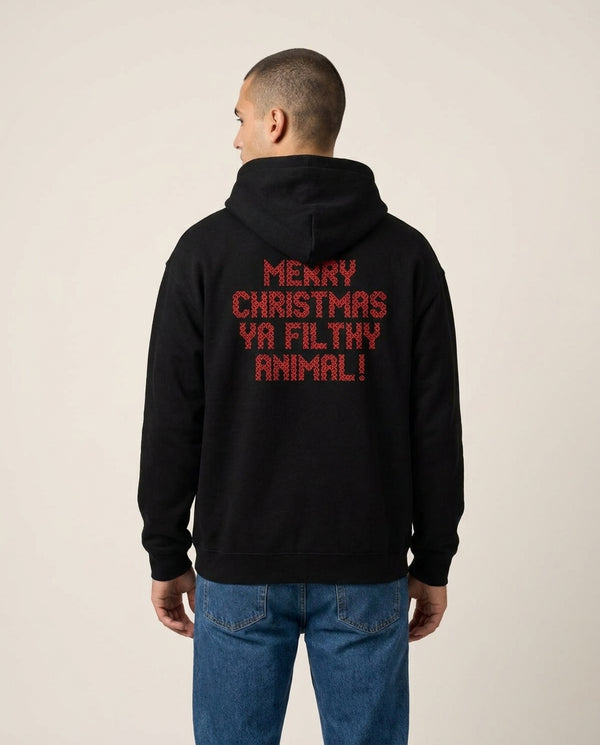 Merry Christmas Ya Filthy Animal Hoodie Black Back, worn