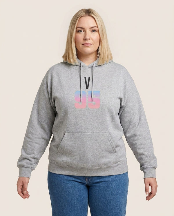 V 95 Hoodie — Grey Front, worn
