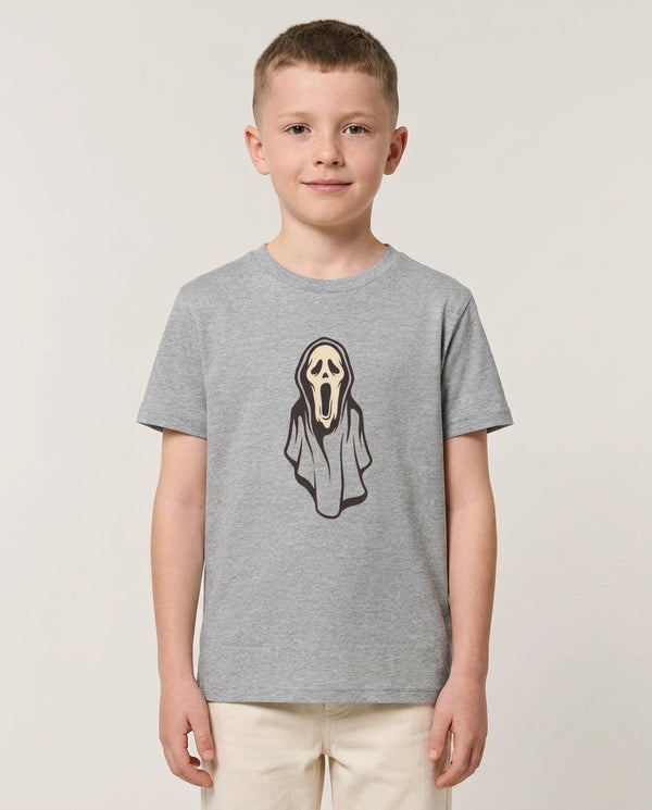 Orange Scream Kids T-Shirt — Grey Front, worn