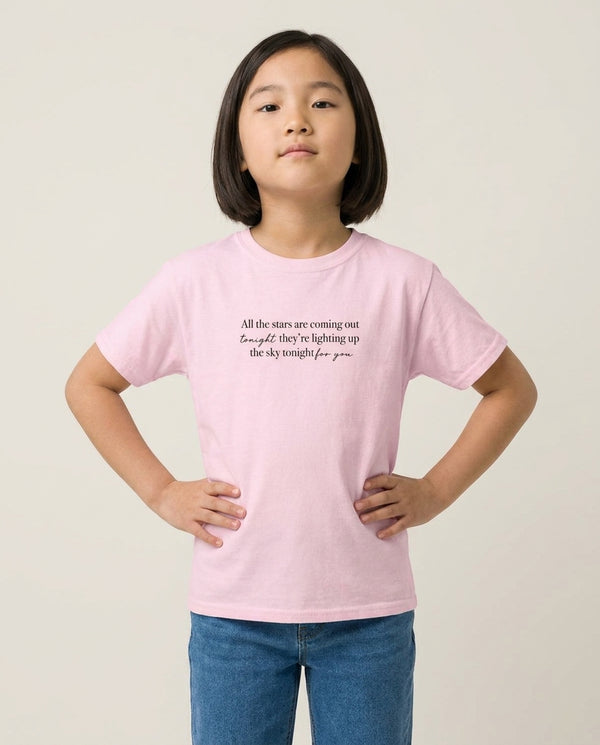 Lighting Up The Sky Tonight Kids T-Shirt — Pink Front, worn