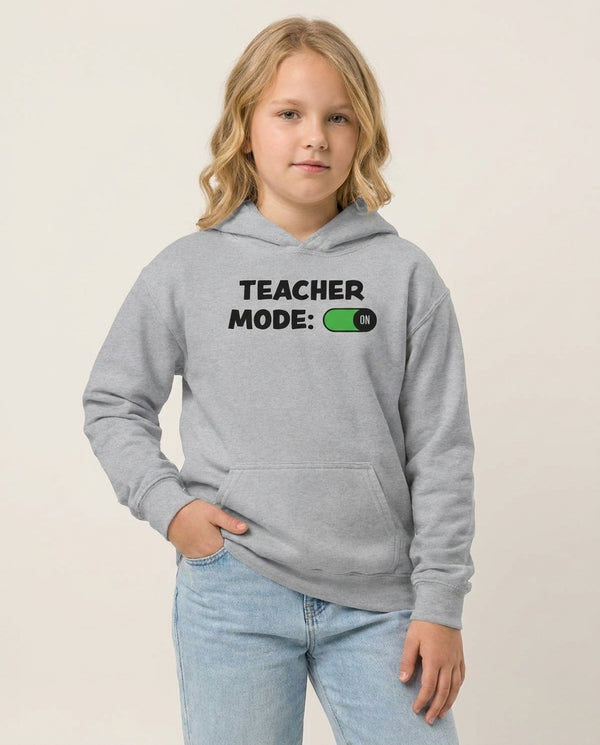 Teacher Mode On Kids Hoodie — Grey Front, worn