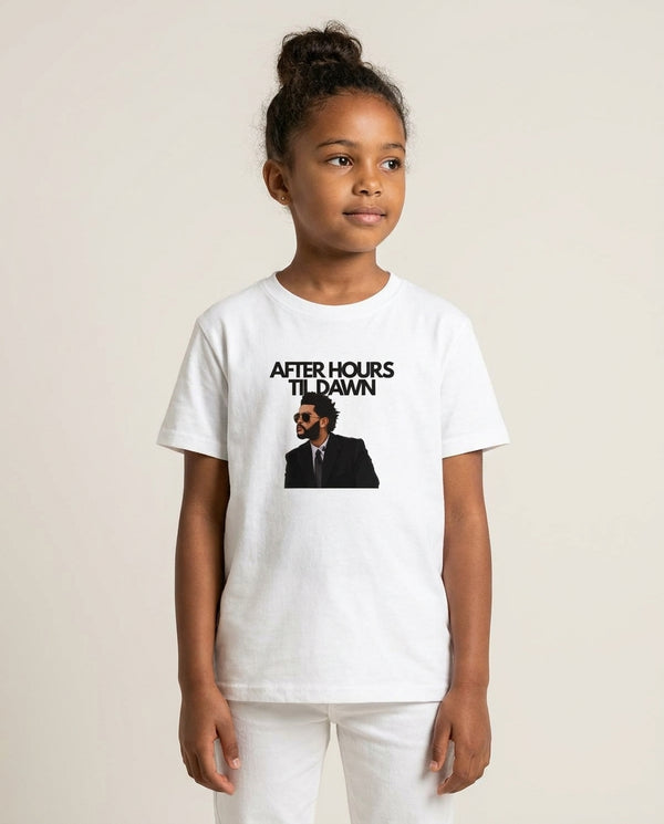 AHTD Singer Kids T-Shirt — White Front, worn