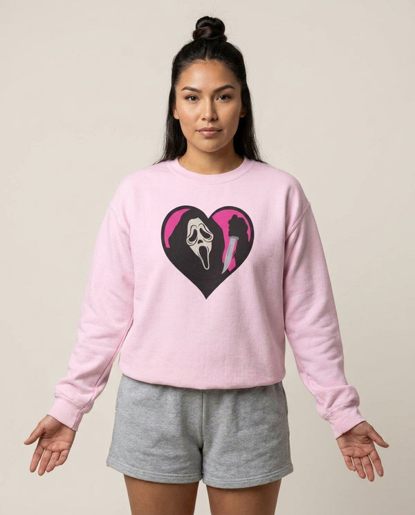 Heart face - Halloween Sweatshirt — Pink Front, worn