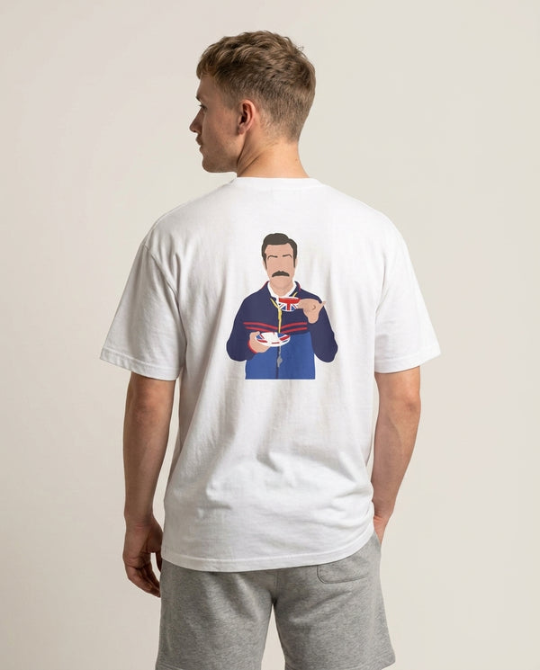 Ted Drinking Tea T-Shirt — White Back, worn