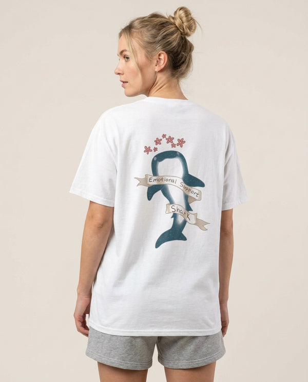 Emotional Support Shark T-Shirt White Back, worn