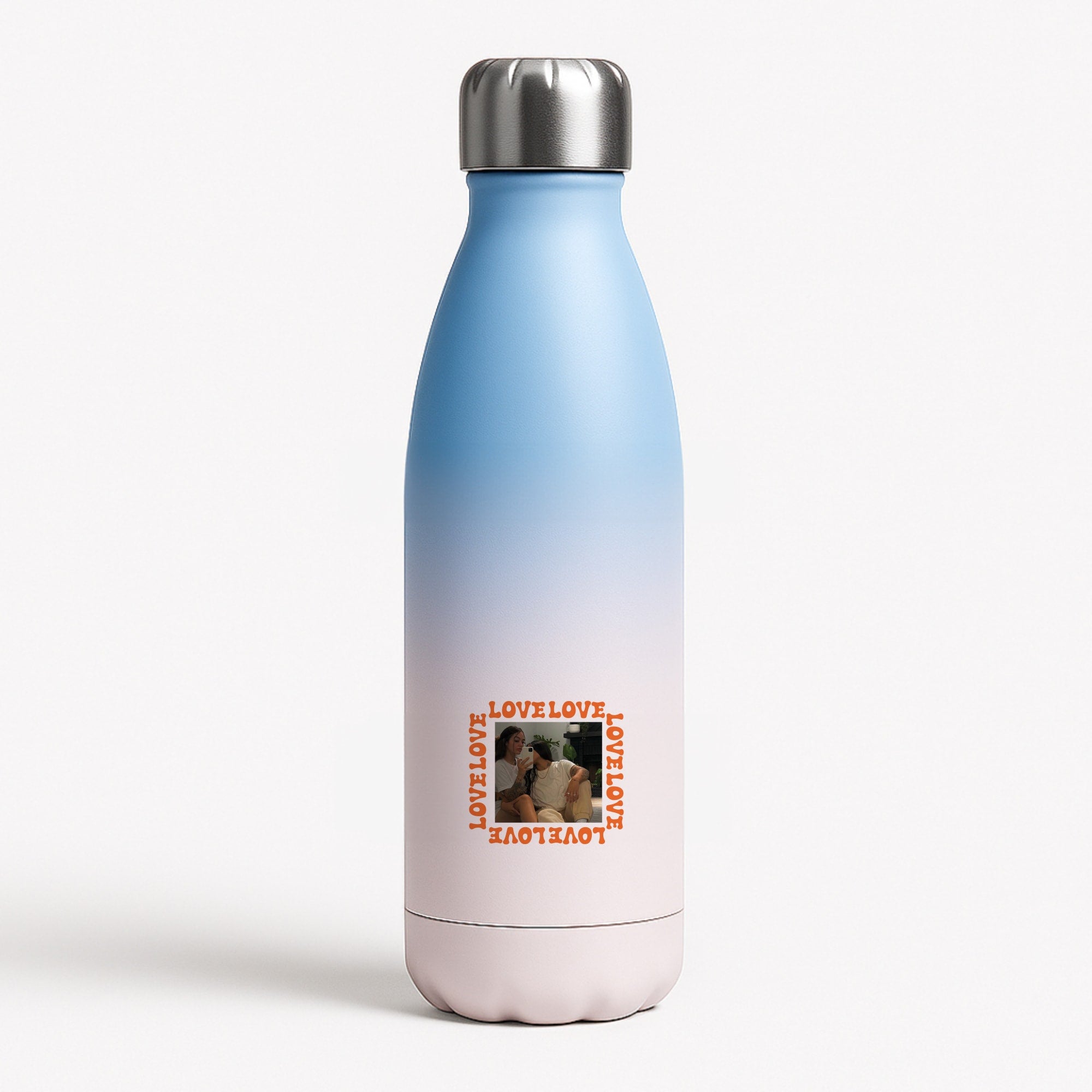 Love, Love, Love - Personalised Couples Blue Water Bottle