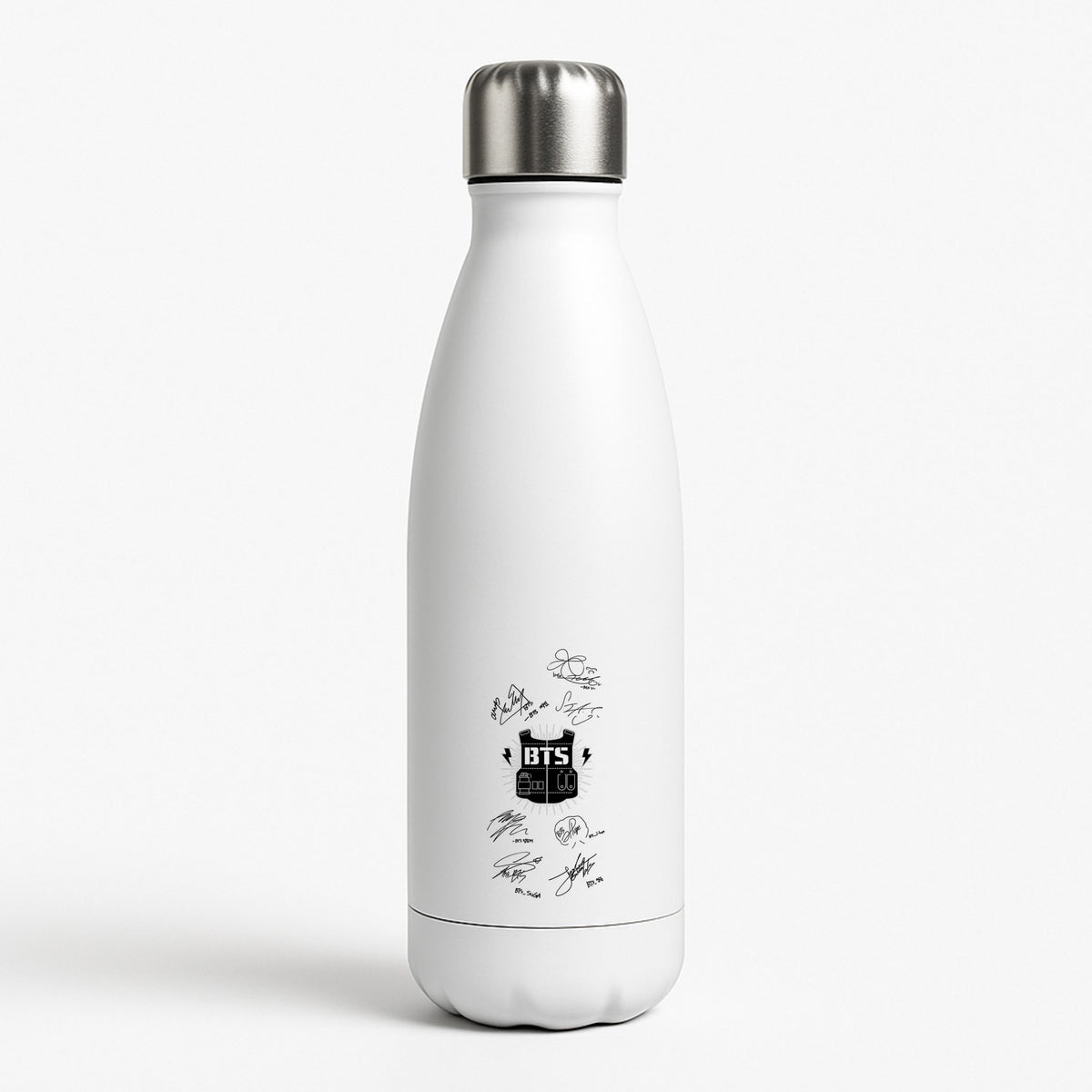 White K-Pop Band Army Logo and Signatures Water Bottle