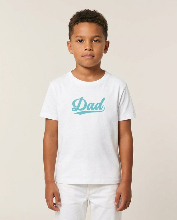 Dad Logo Kids T-Shirt — White Front, worn