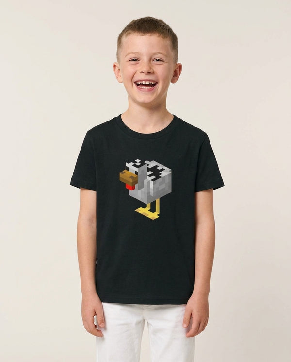 Mining Chicken Kids T-Shirt — Black Front, worn