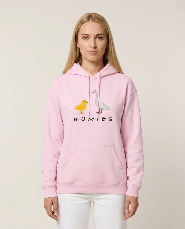 Homies Chick And Duck Hoodie — Pink Front, worn