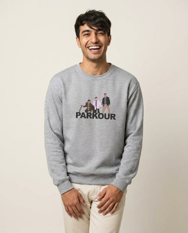Parkour Sweatshirt — Grey Front, worn