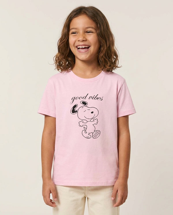 Good Vibes Cartoon Beagle Kids T-Shirt — Pink Front, worn