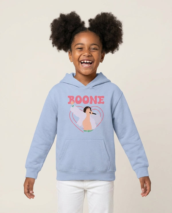 Boone Heart Kids Hoodie — Blue Front, worn