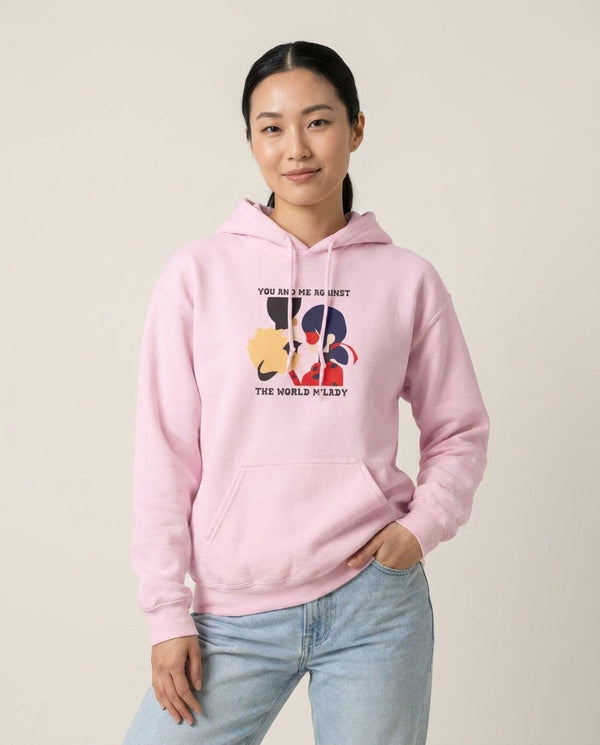 You And Me Against The World M'lady Hoodie — Pink Front, worn