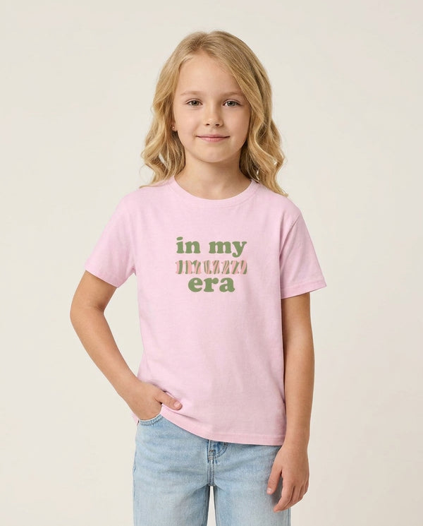 In My Mum Era Kids T-Shirt — Pink Front, worn