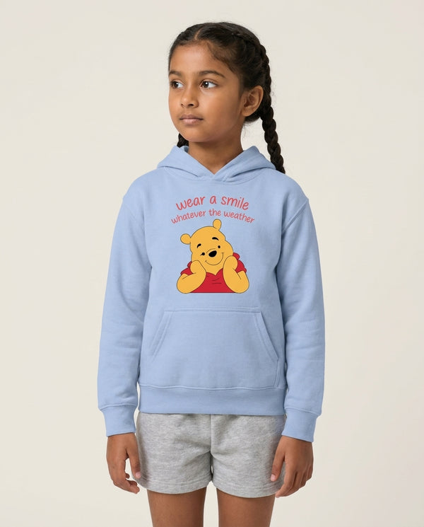 Wear A Smile Whatever The Weather  Kids Hoodie — Blue Front, worn