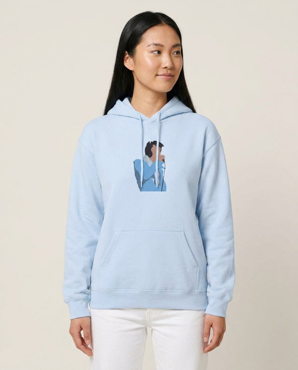 Iconic Suit Hoodie — Blue Front, worn