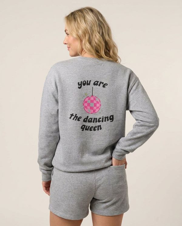 Dancing Queen Sweatshirt — Grey Back, worn
