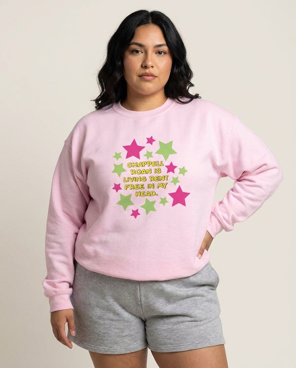 Chappell Rent Free In My Head Sweatshirt — Pink Front, worn