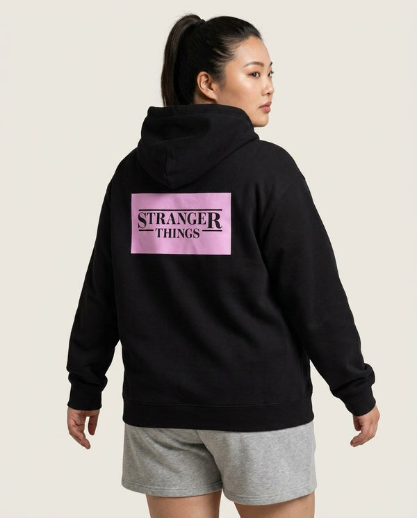 Pink Galaxy Stranger Hoodie — Black Back, worn