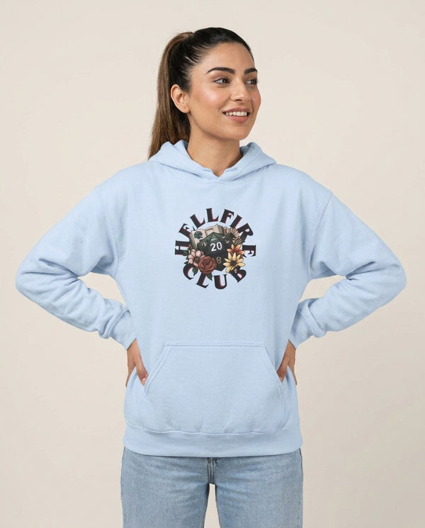 Hellfire Club Hoodie — Blue Front, worn