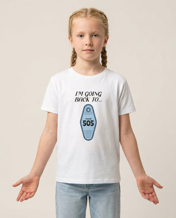 I'm Going Back To 505 Keyring Kids T-Shirt — White Front, worn