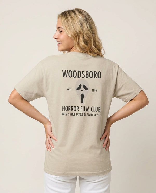 Woodsboro Horror Film Club - Scream T-Shirt — Sand Back, worn
