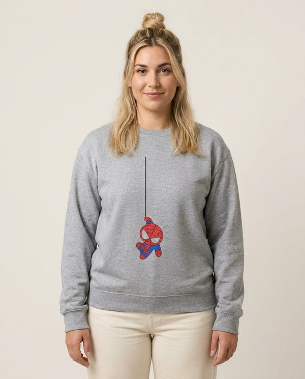 Blue Hanging Spider Hero Sweatshirt — Grey Front, worn