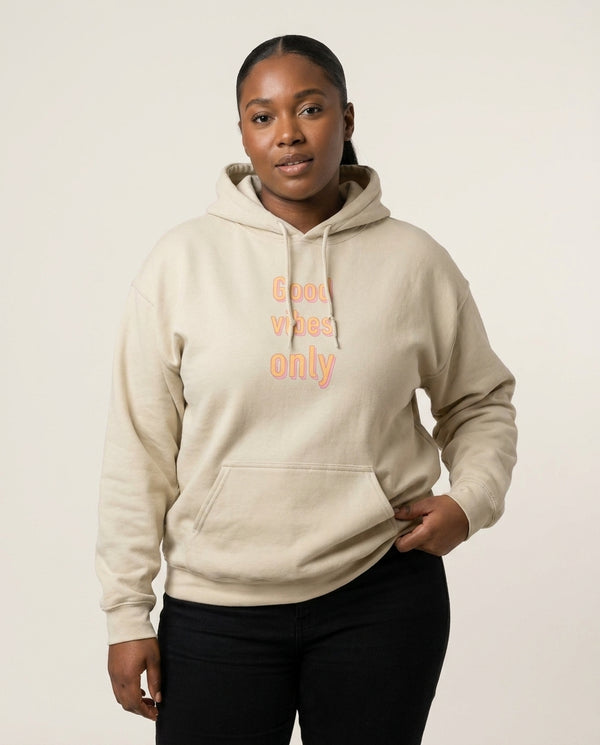 Good Vibes Only Hoodie — Sand Front, worn
