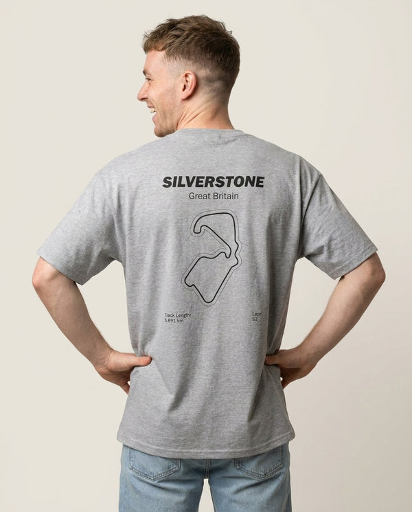 Silverstone Circuit T-Shirt — Grey Back, worn