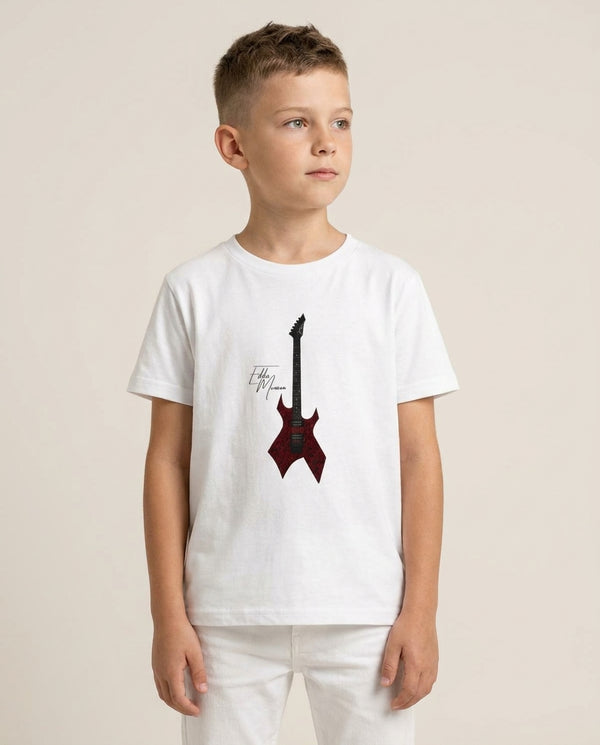 Eddie Munson Guitar Kids T-Shirt — White Front, worn