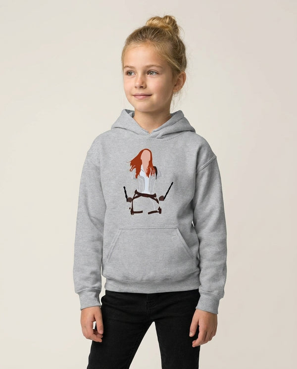 Black Widow Kids Hoodie — Grey Front, worn