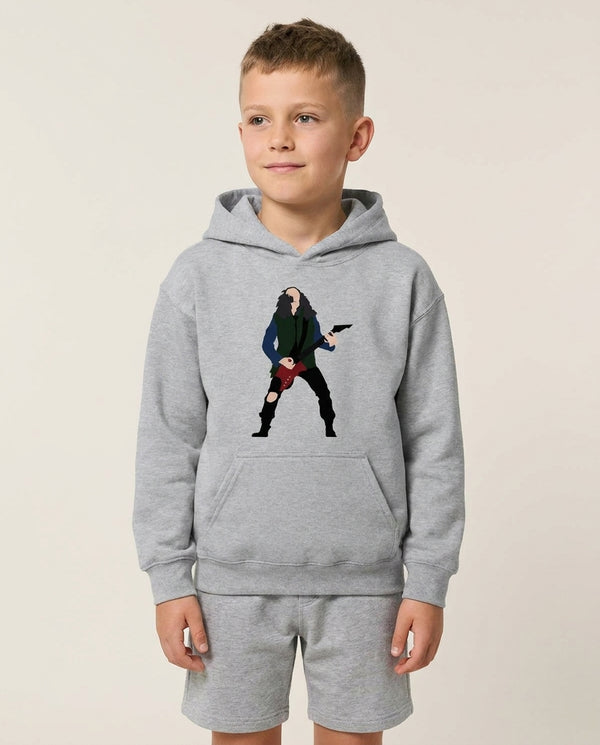 Eddie Munson Playing Guitar Kids Hoodie — Grey Front, worn