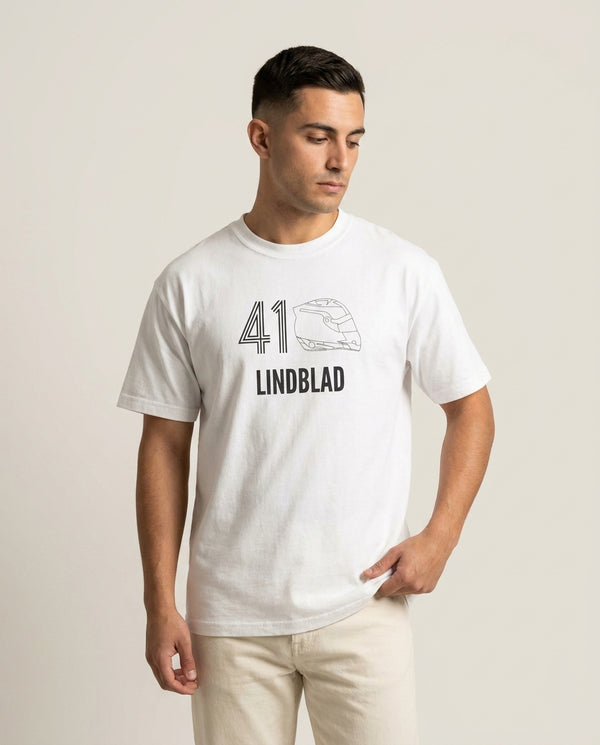 Lindblad Helmet 2026 T-Shirt — White Front, worn