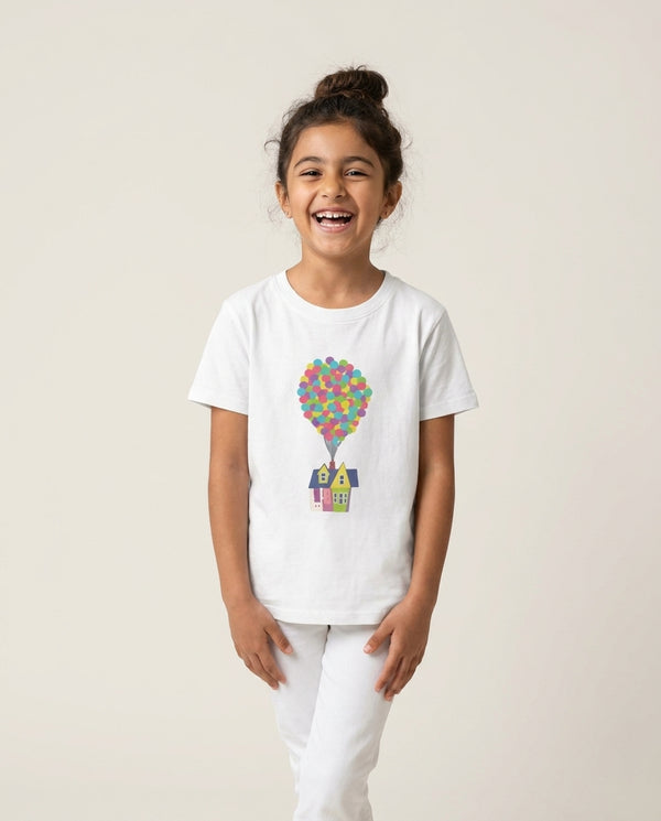 House Up Kids T-Shirt — White Front, worn
