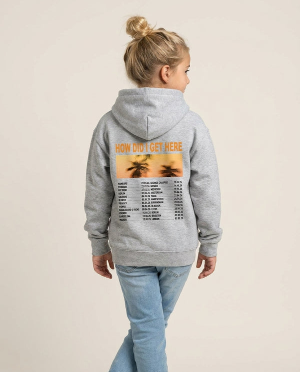 HDIGH Tour 2026 Kids Hoodie — Grey Back, worn