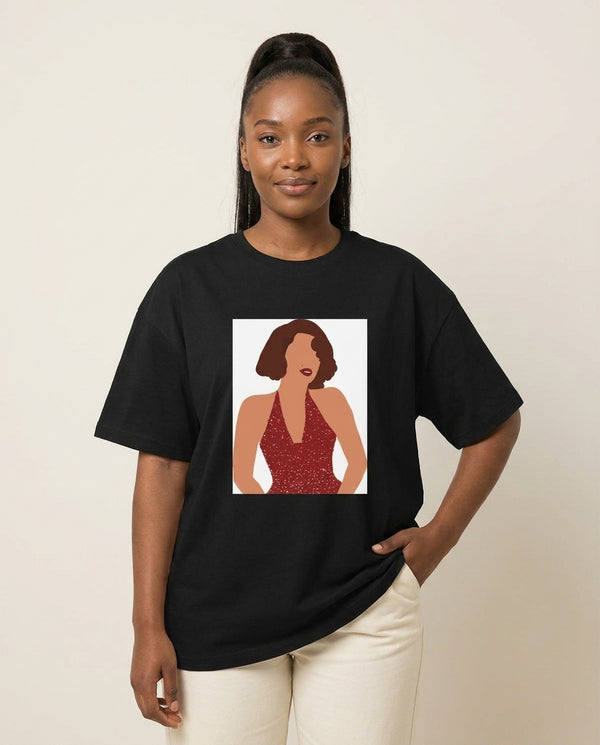 Red Sparkly Dress T-Shirt — Black Front, worn
