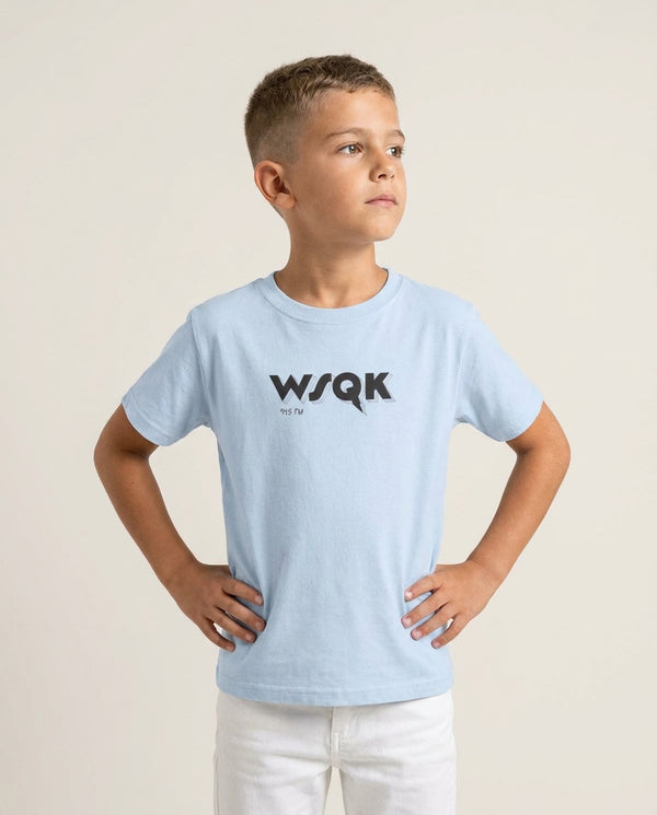 WSQK Radio Kids T-Shirt — Blue Front, worn