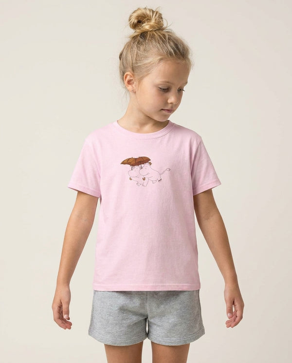 Moom Umbrellas Kids T-Shirt — Pink Front, worn