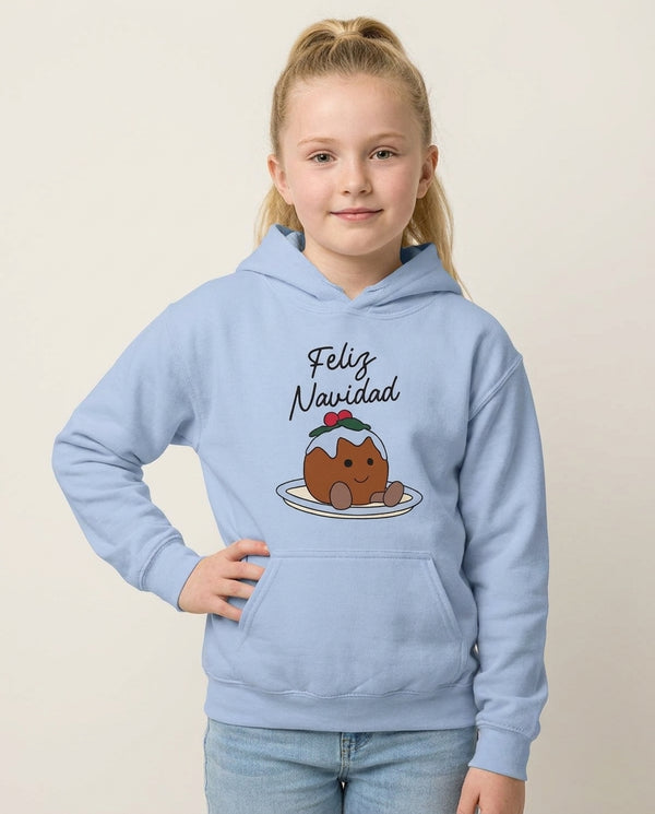Christmas Pudding Plush Kids Hoodie — Blue Front, worn